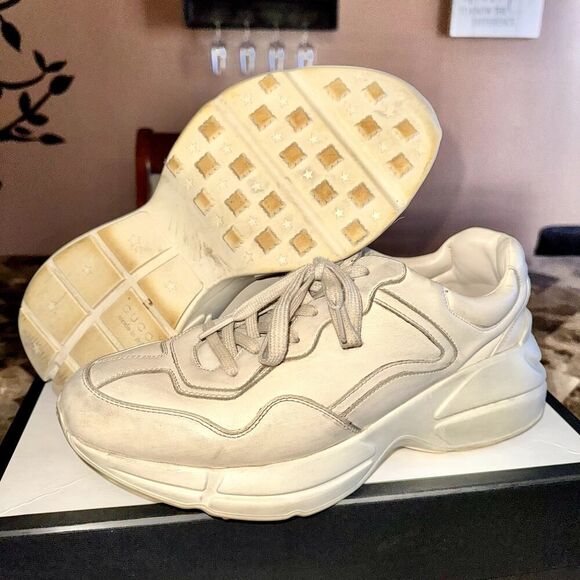 Gucci Rython Men's Distressed Logo Leather Sneakers in Cream - Picture 14 of 14